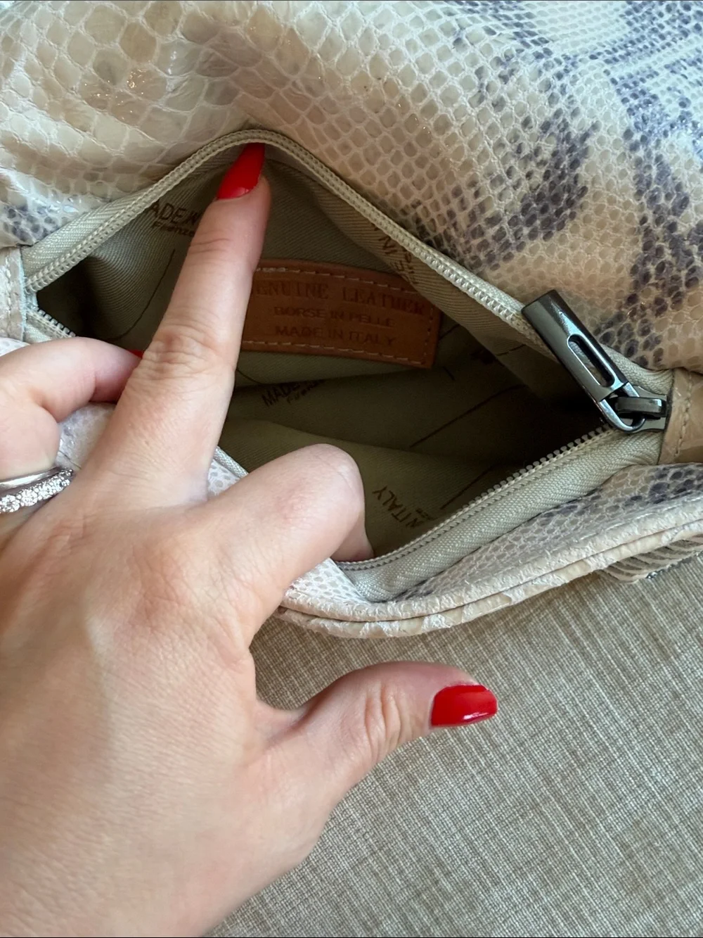 Leather White Snake-Print Crossbody with Gunmetal Chain